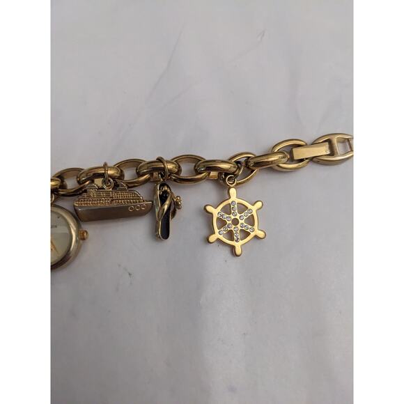 Anne Klein Charm Watch Gold Tone Chain Bracelet 7in Working - Picture 5 of 8